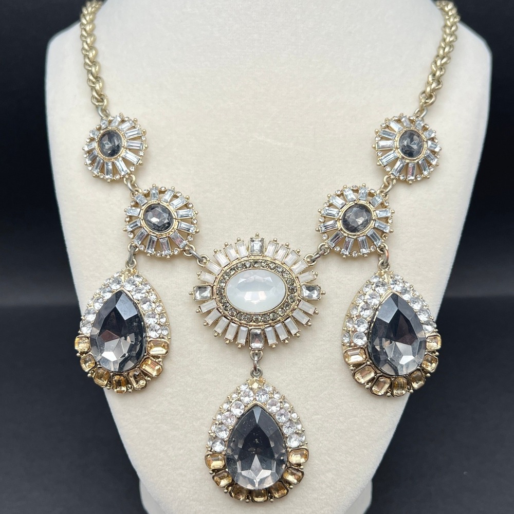 Lydell NYC Rhinestone Statement Necklace Gold Tone Opalite Grey Vintage Bib